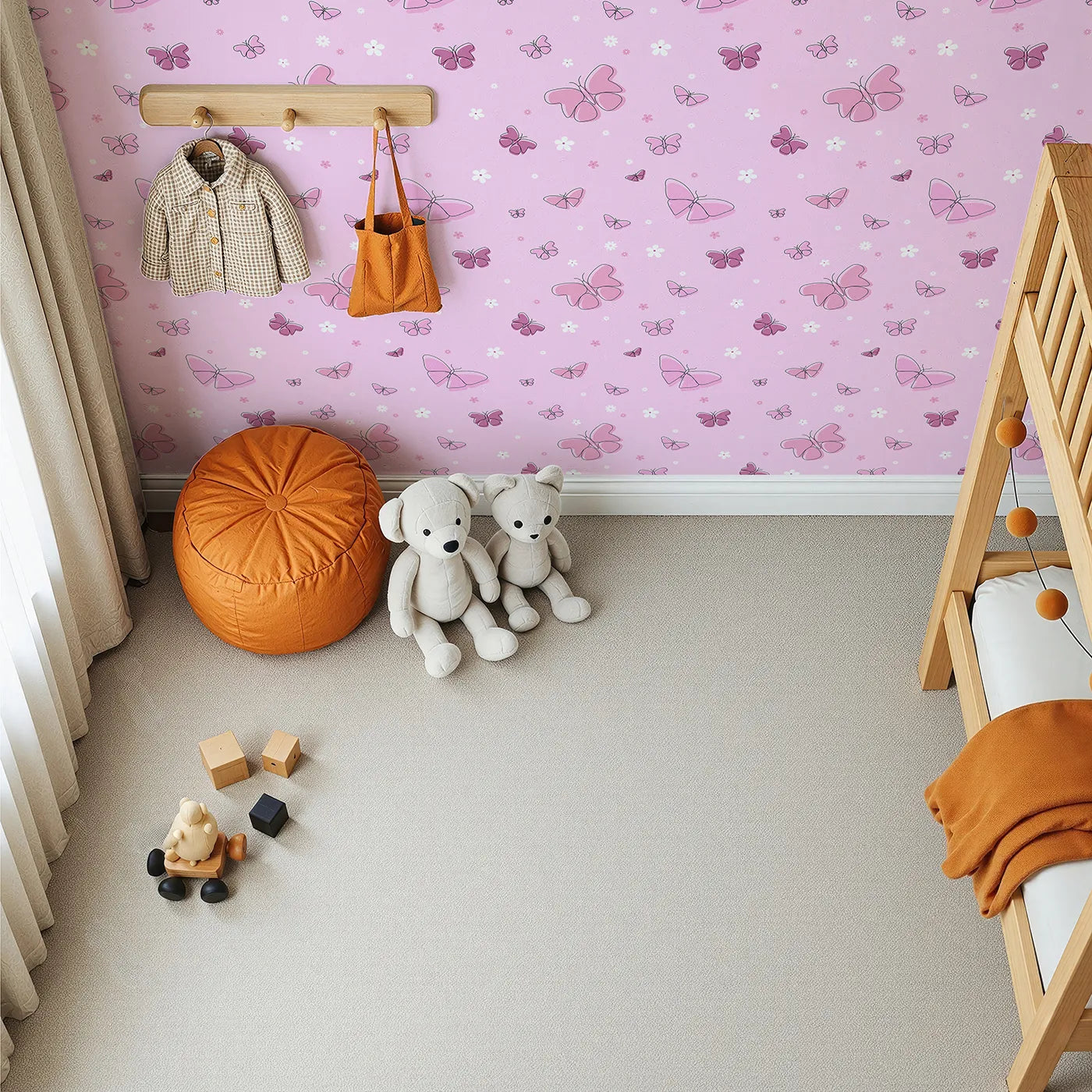 Top-Down view of Whimsy Tots' Minimalist Butterfly Garden Wallpaper in Pink (W2294).Where delicate butterflies and simple flowers float on a happy breeze.
