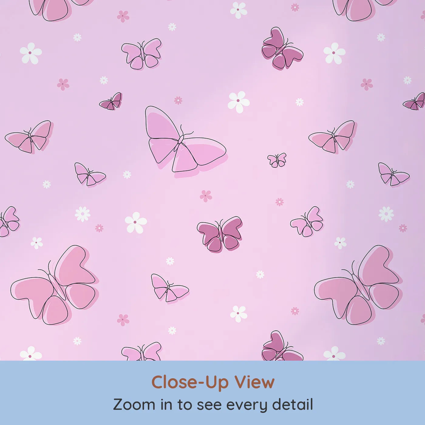 Close-up view of Whimsy Tots' Minimalist Butterfly Garden Wallpaper in Pink (W2294).Where delicate butterflies and simple flowers float on a happy breeze.