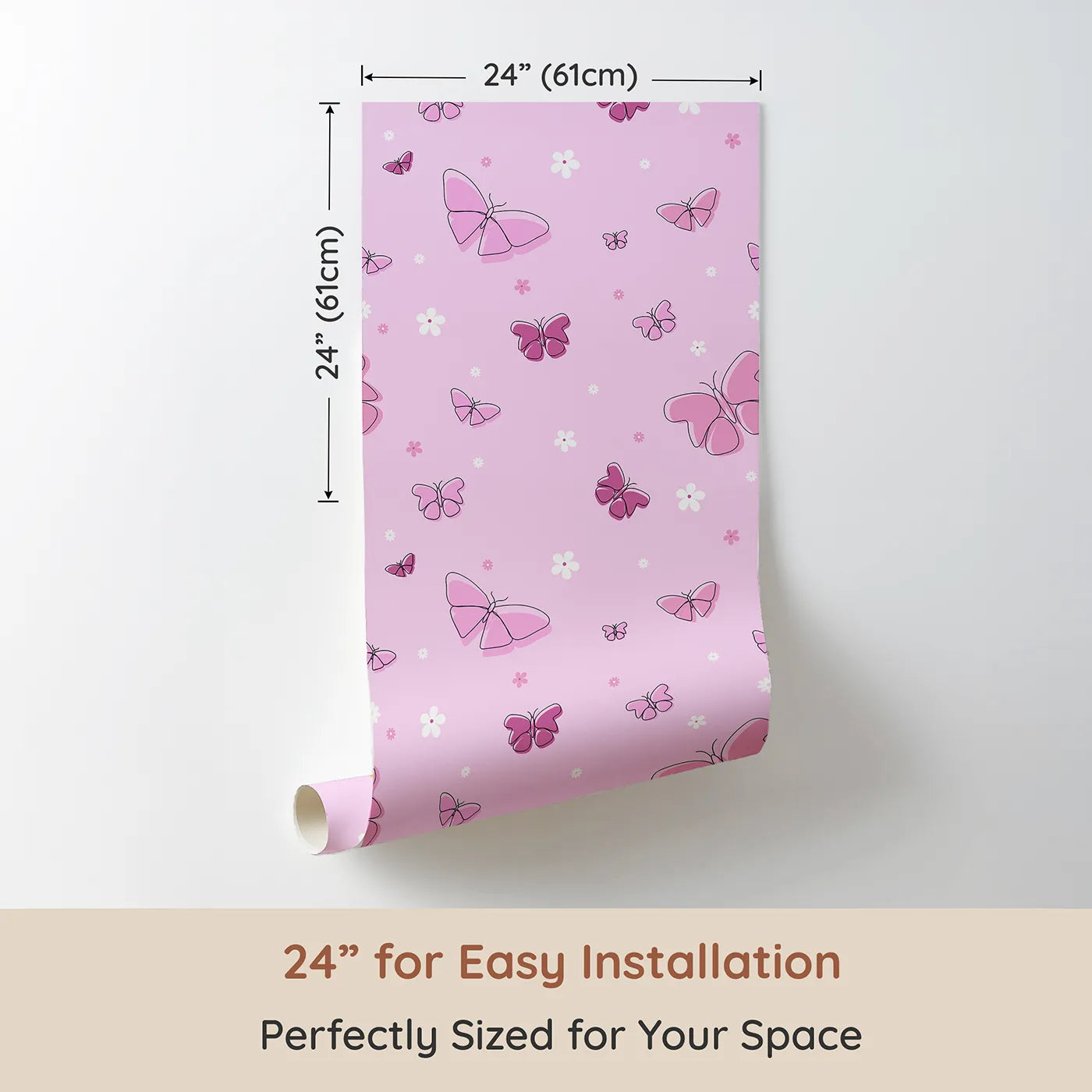 Dimension view of Whimsy Tots Minimalist Butterfly Garden Wallpaper in Pink (W2294). Printed in 24-inch-wide panel for easy installation. Where delicate butterflies and simple flowers float on a happy breeze.