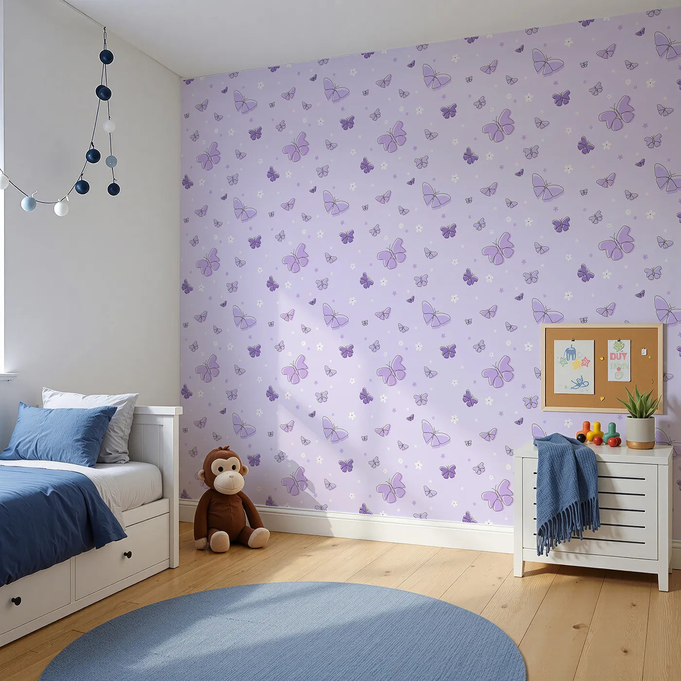Angled view of Whimsy Tots' Minimalist Butterfly Garden Wallpaper in Purple (W2295).Where delicate butterflies and simple flowers float on a soft lavender breeze.