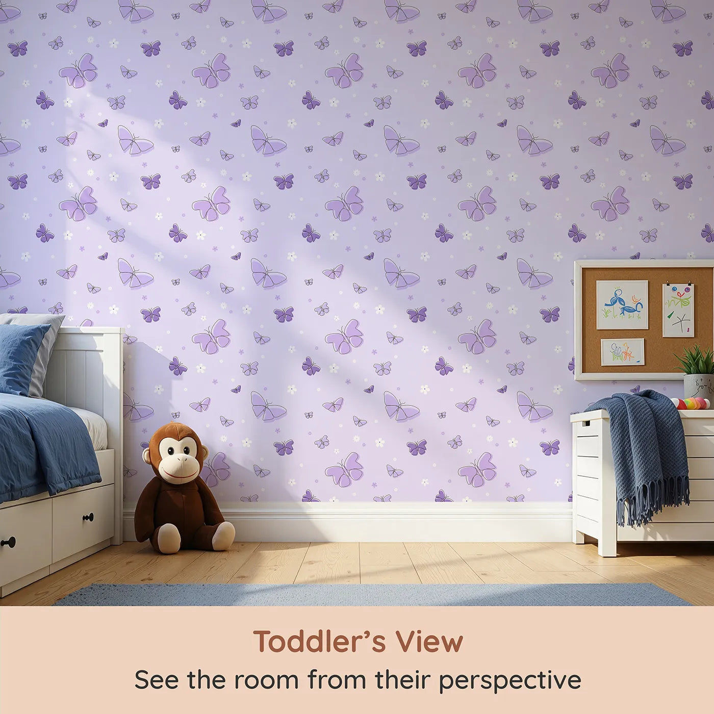 Whimsy Tots Minimalist Butterfly Garden Wallpaper in Purple (W2295) from your child's view.Where delicate butterflies and simple flowers float on a soft lavender breeze.