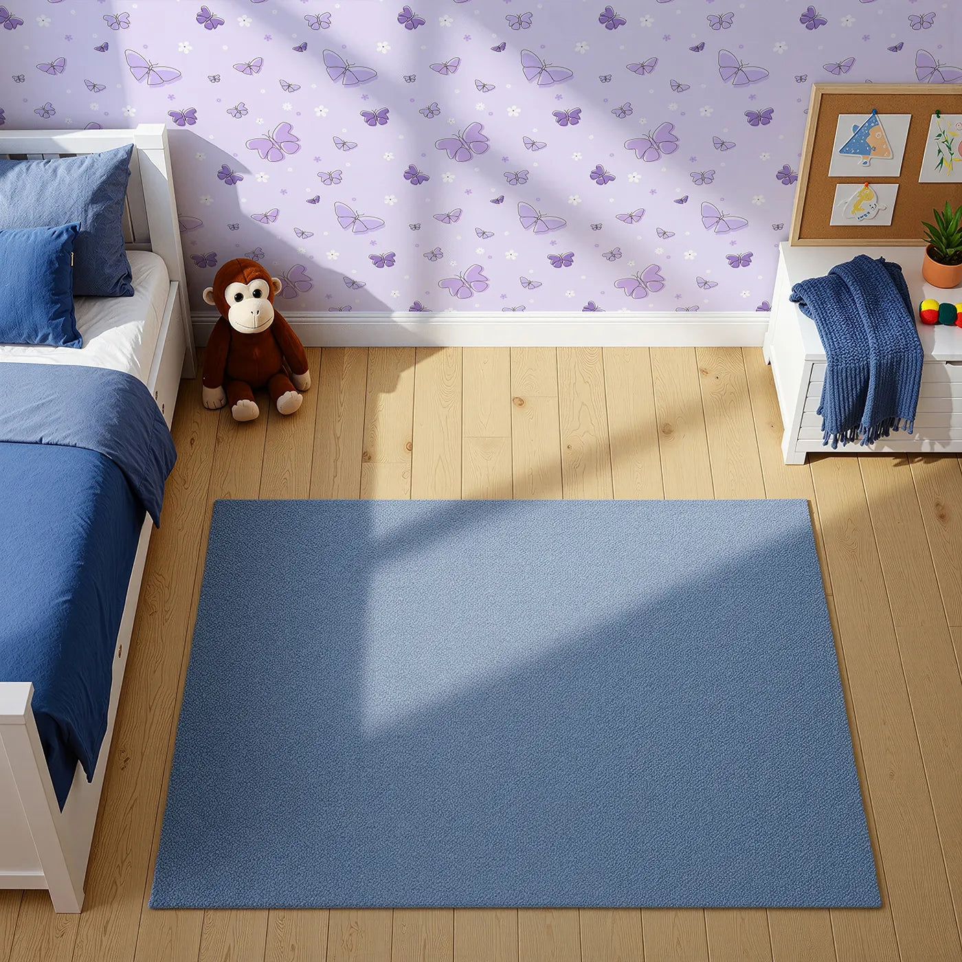 Top-Down view of Whimsy Tots' Minimalist Butterfly Garden Wallpaper in Purple (W2295).Where delicate butterflies and simple flowers float on a soft lavender breeze.