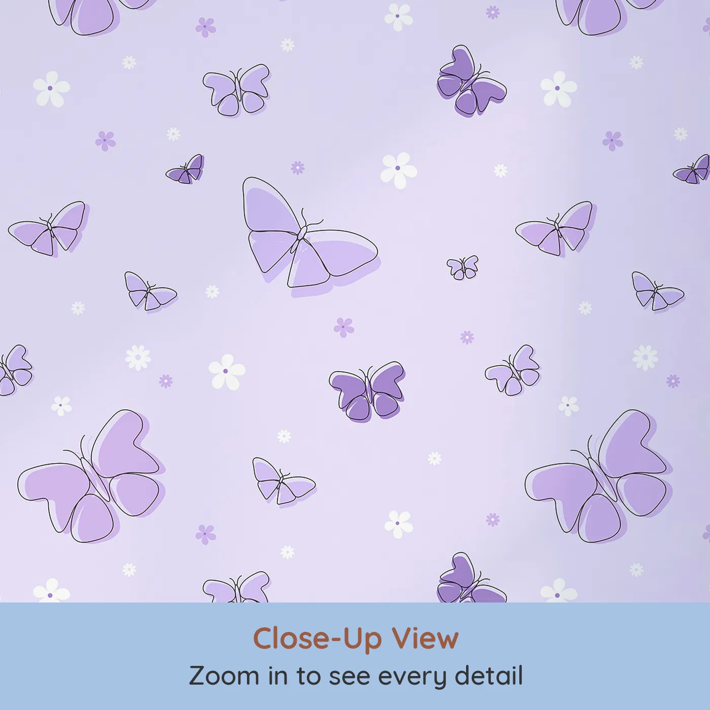 Close-up view of Whimsy Tots' Minimalist Butterfly Garden Wallpaper in Purple (W2295).Where delicate butterflies and simple flowers float on a soft lavender breeze.