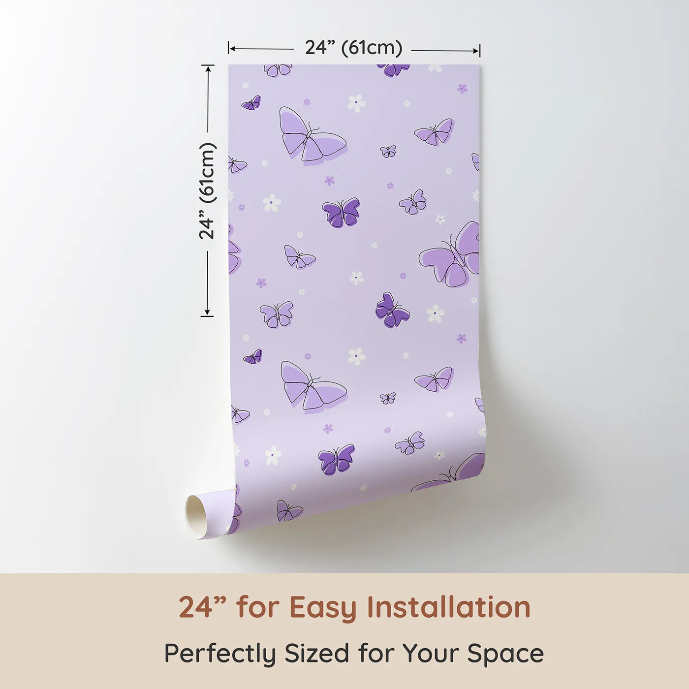 Dimension view of Whimsy Tots Minimalist Butterfly Garden Wallpaper in Purple (W2295). Printed in 24-inch-wide panel for easy installation. Where delicate butterflies and simple flowers float on a soft lavender breeze.
