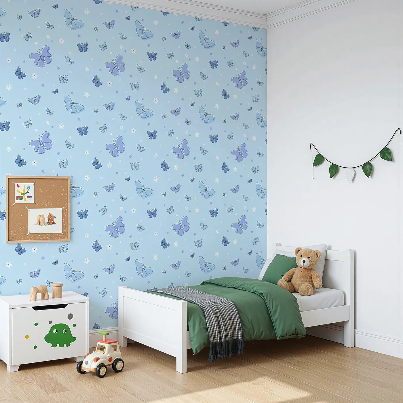 Angled view of Whimsy Tots' Minimalist Butterfly Garden Wallpaper in Blue (W2296).Where delicate butterflies and simple flowers float on a soft blue breeze.