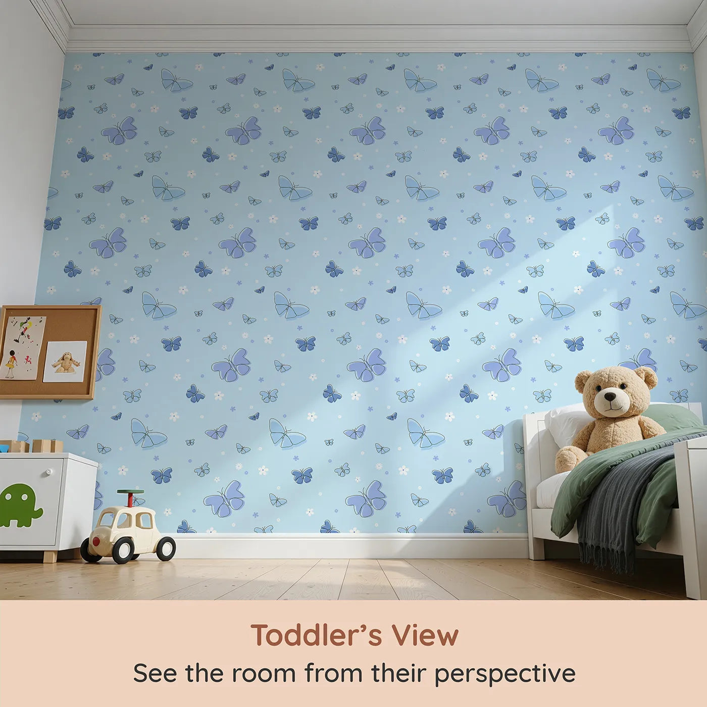 Whimsy Tots Minimalist Butterfly Garden Wallpaper in Blue (W2296) from your child's view.Where delicate butterflies and simple flowers float on a soft blue breeze.