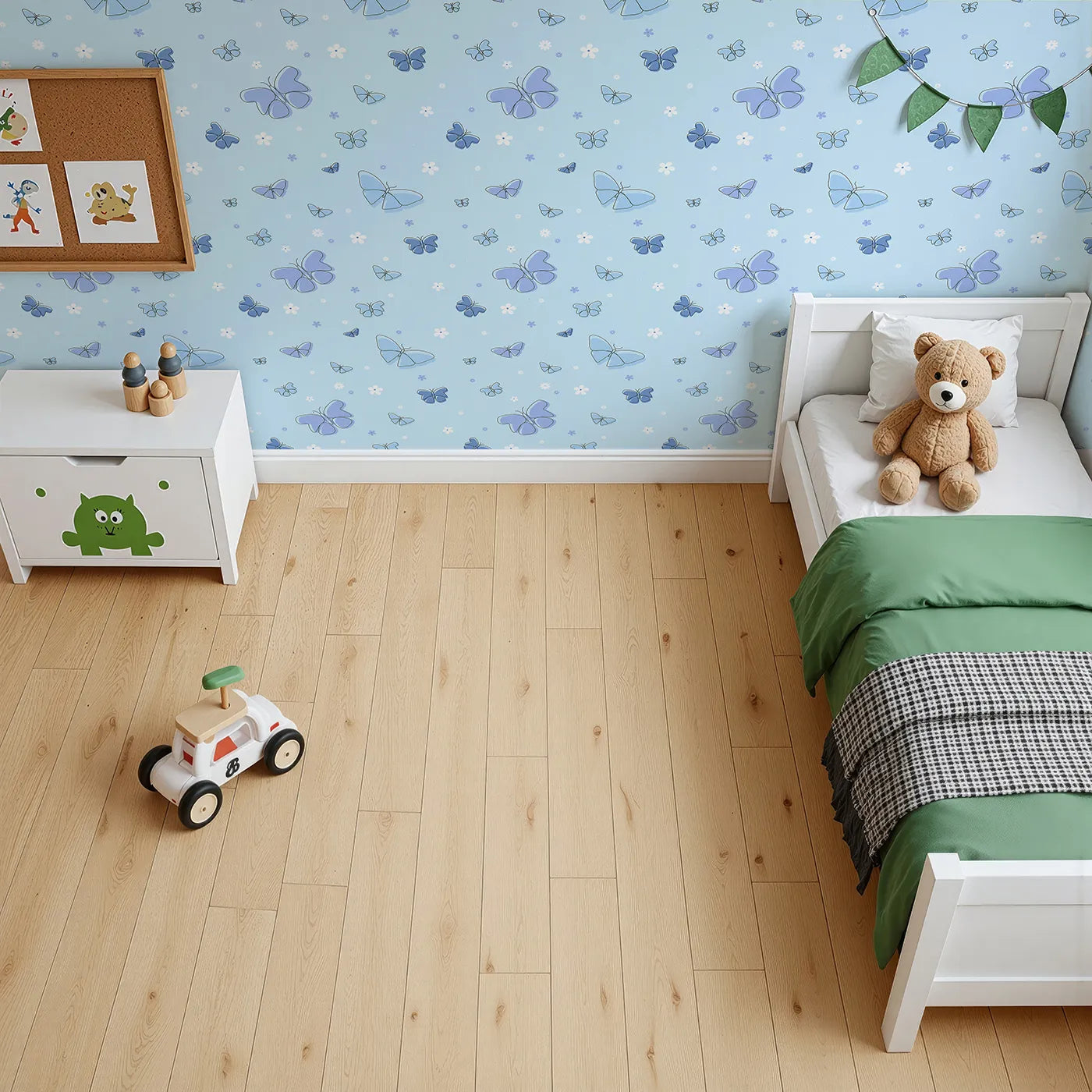 Top-Down view of Whimsy Tots' Minimalist Butterfly Garden Wallpaper in Blue (W2296).Where delicate butterflies and simple flowers float on a soft blue breeze.