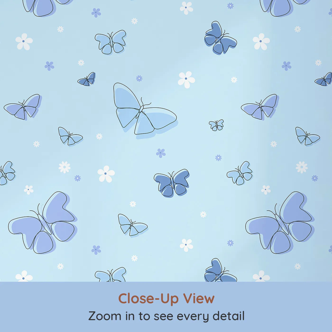 Close-up view of Whimsy Tots' Minimalist Butterfly Garden Wallpaper in Blue (W2296).Where delicate butterflies and simple flowers float on a soft blue breeze.