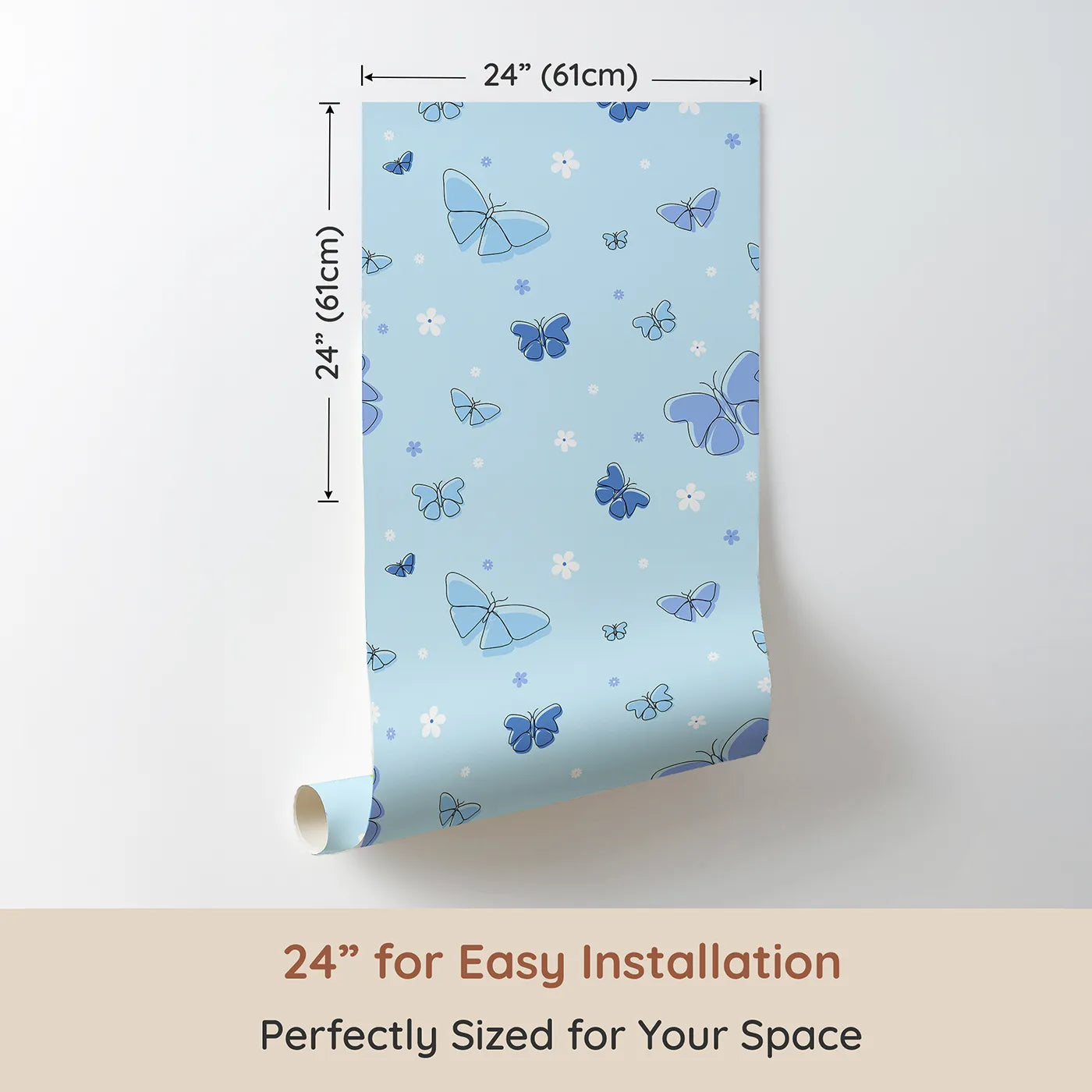 Dimension view of Whimsy Tots Minimalist Butterfly Garden Wallpaper in Blue (W2296). Printed in 24-inch-wide panel for easy installation. Where delicate butterflies and simple flowers float on a soft blue breeze.
