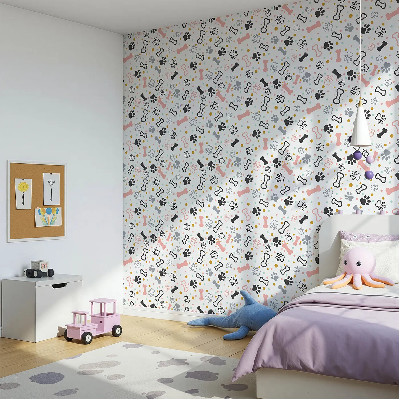Angled view of Whimsy Tots' Pastel Paws and Bones Wallpaper (W2297).Where colorful paw prints and tasty bones are scattered like confetti.