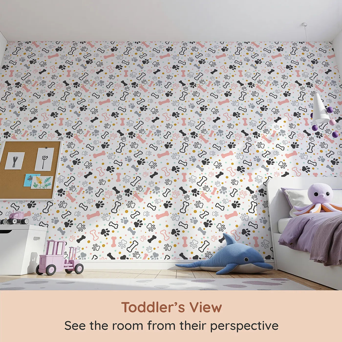Whimsy Tots Pastel Paws and Bones Wallpaper (W2297) from your child's view.Where colorful paw prints and tasty bones are scattered like confetti.