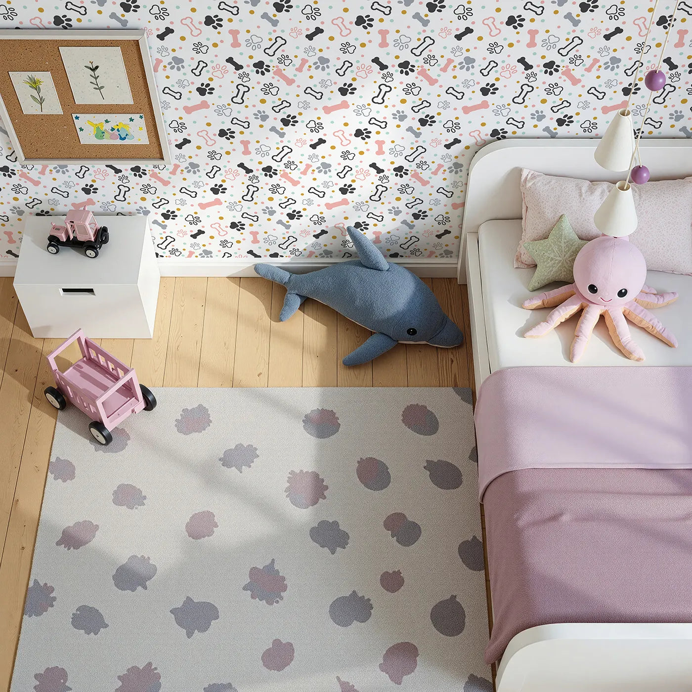 Top-Down view of Whimsy Tots' Pastel Paws and Bones Wallpaper (W2297).Where colorful paw prints and tasty bones are scattered like confetti.