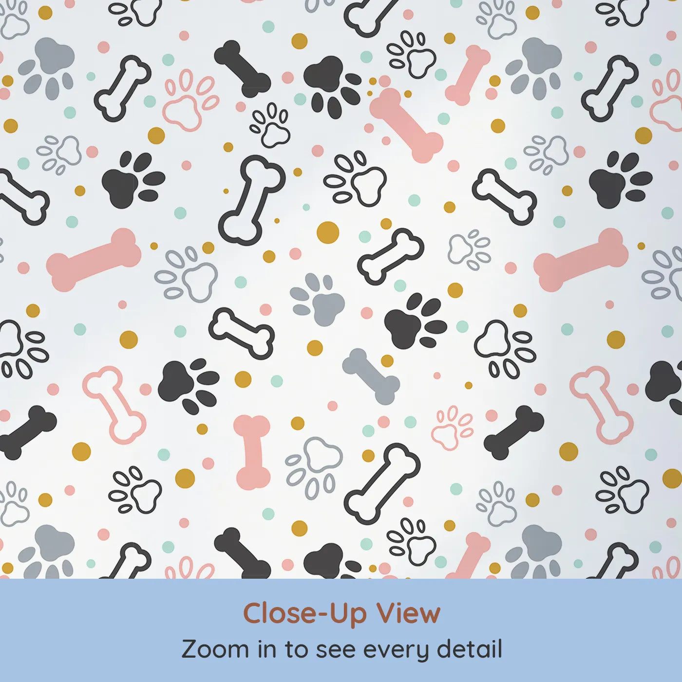 Close-up view of Whimsy Tots' Pastel Paws and Bones Wallpaper (W2297).Where colorful paw prints and tasty bones are scattered like confetti.