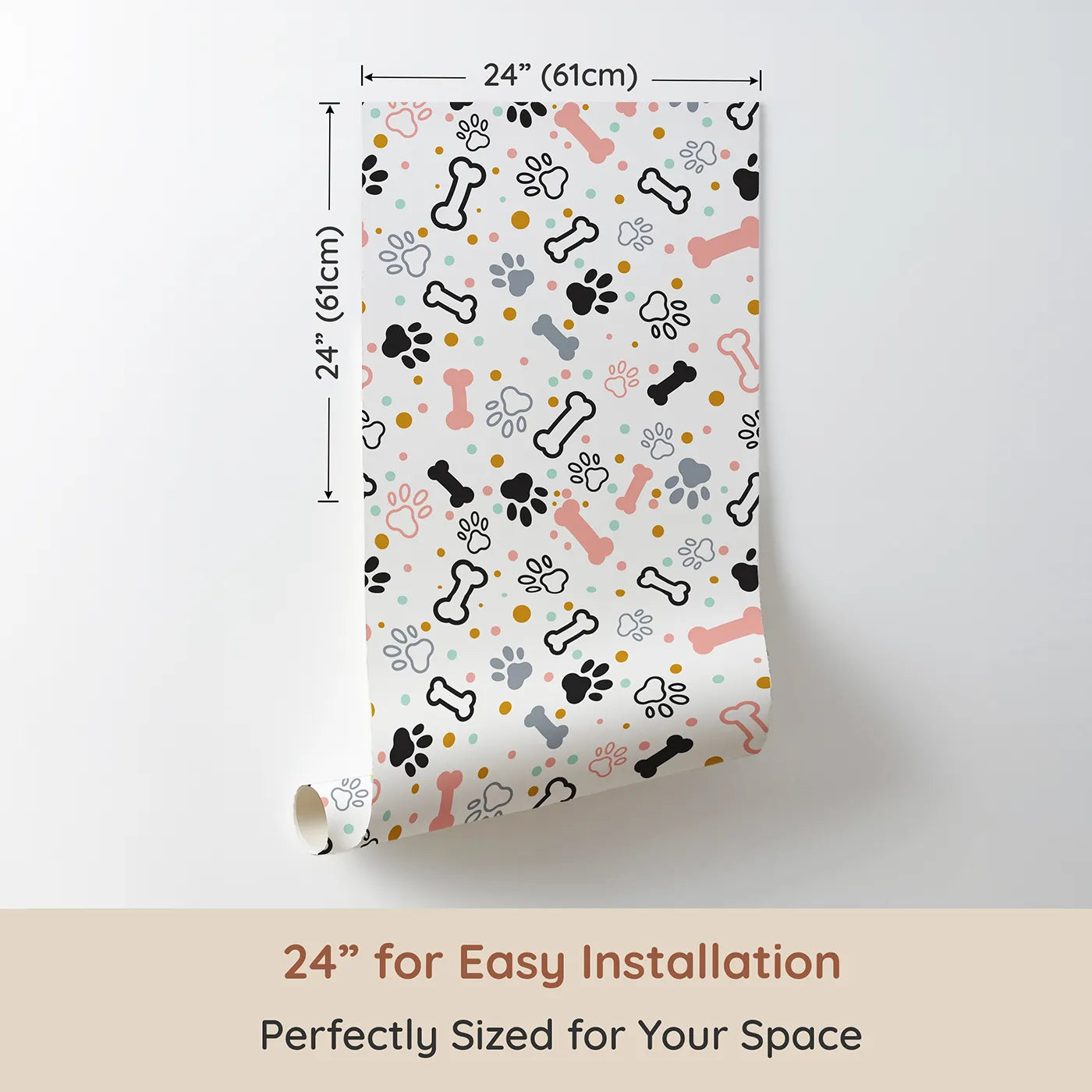 Dimension view of Whimsy Tots Pastel Paws and Bones Wallpaper (W2297). Printed in 24-inch-wide panel for easy installation. Where colorful paw prints and tasty bones are scattered like confetti.