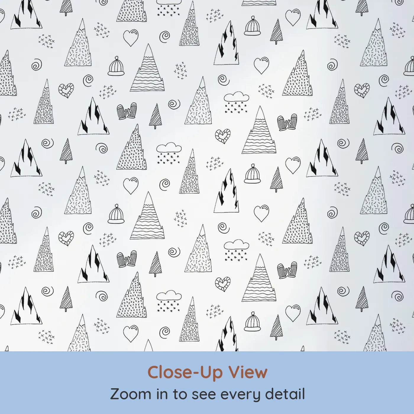 Close-up view of Whimsy Tots' Winter Mountain Doodle Wallpaper (W2298).Where snowy mountains and cozy mittens create a winter wonderland.