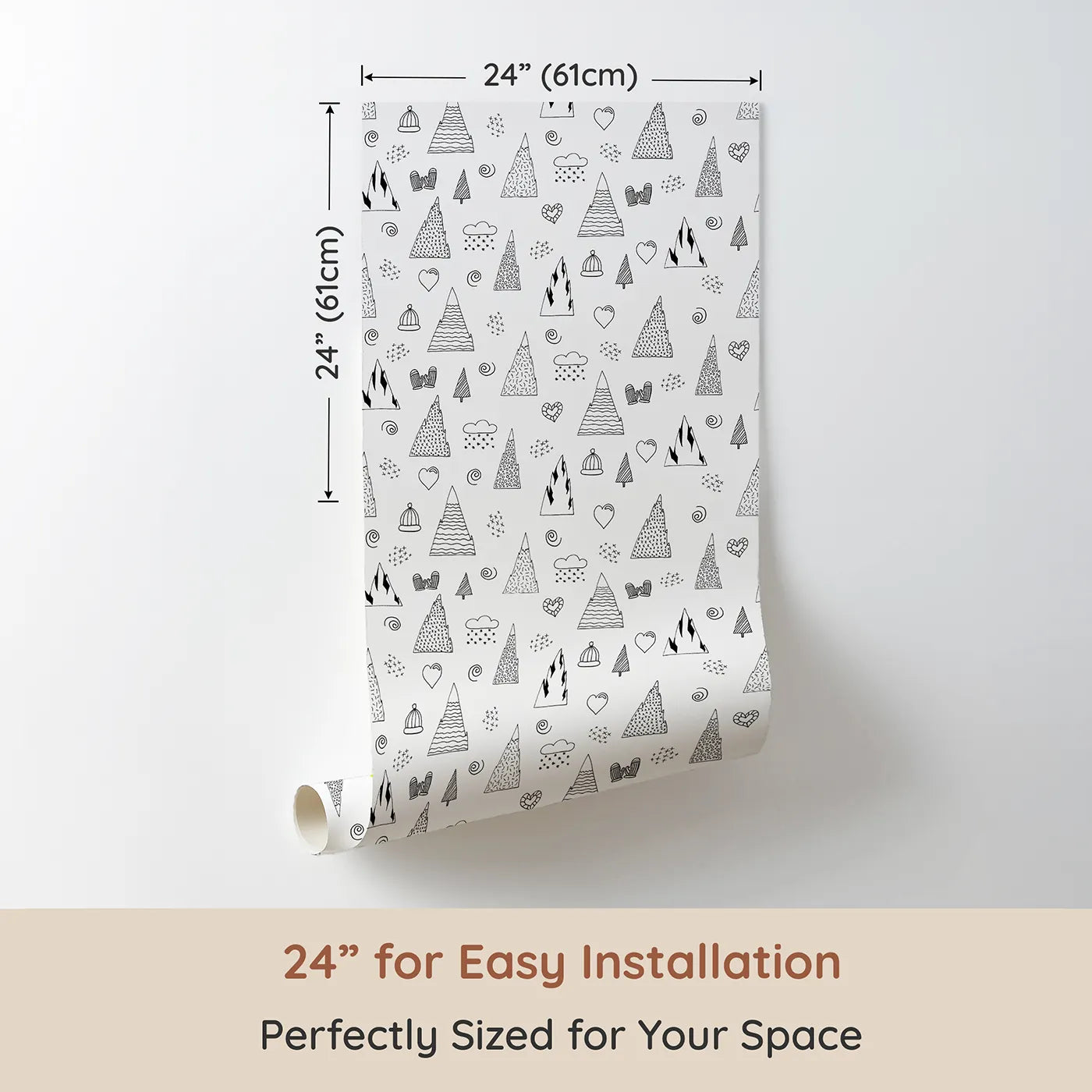 Dimension view of Whimsy Tots Winter Mountain Doodle Wallpaper (W2298). Printed in 24-inch-wide panel for easy installation. Where snowy mountains and cozy mittens create a winter wonderland.