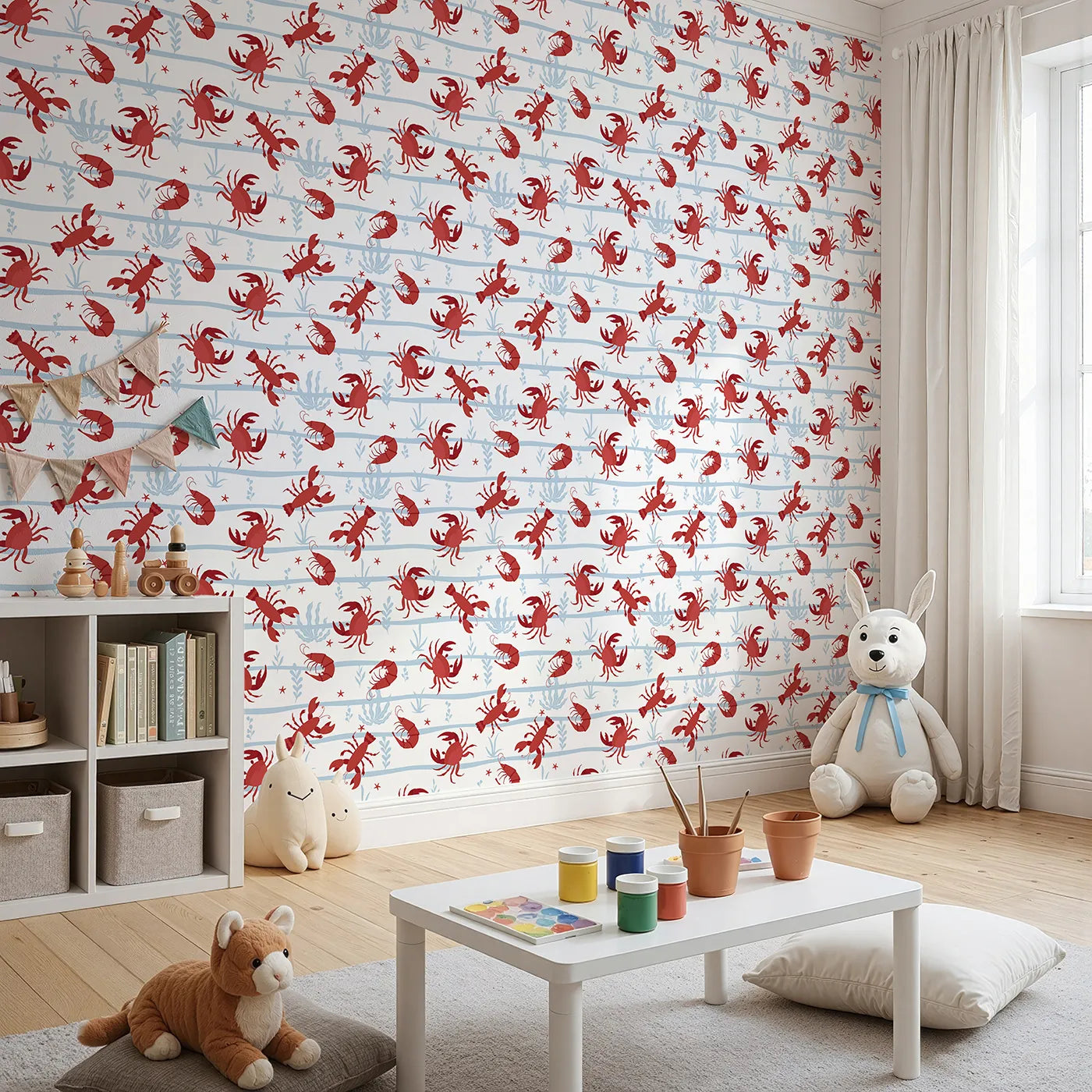 Angled view of Whimsy Tots' Red Crustacean Celebration Wallpaper (W2299).Where happy crabs and lobsters are ready for a beach party.