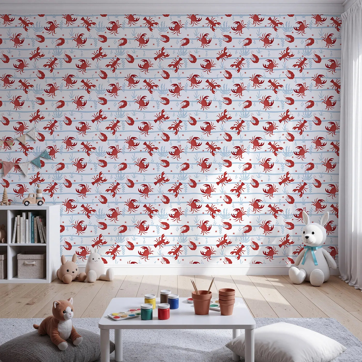 Front view of Whimsy Tots' Red Crustacean Celebration Wallpaper