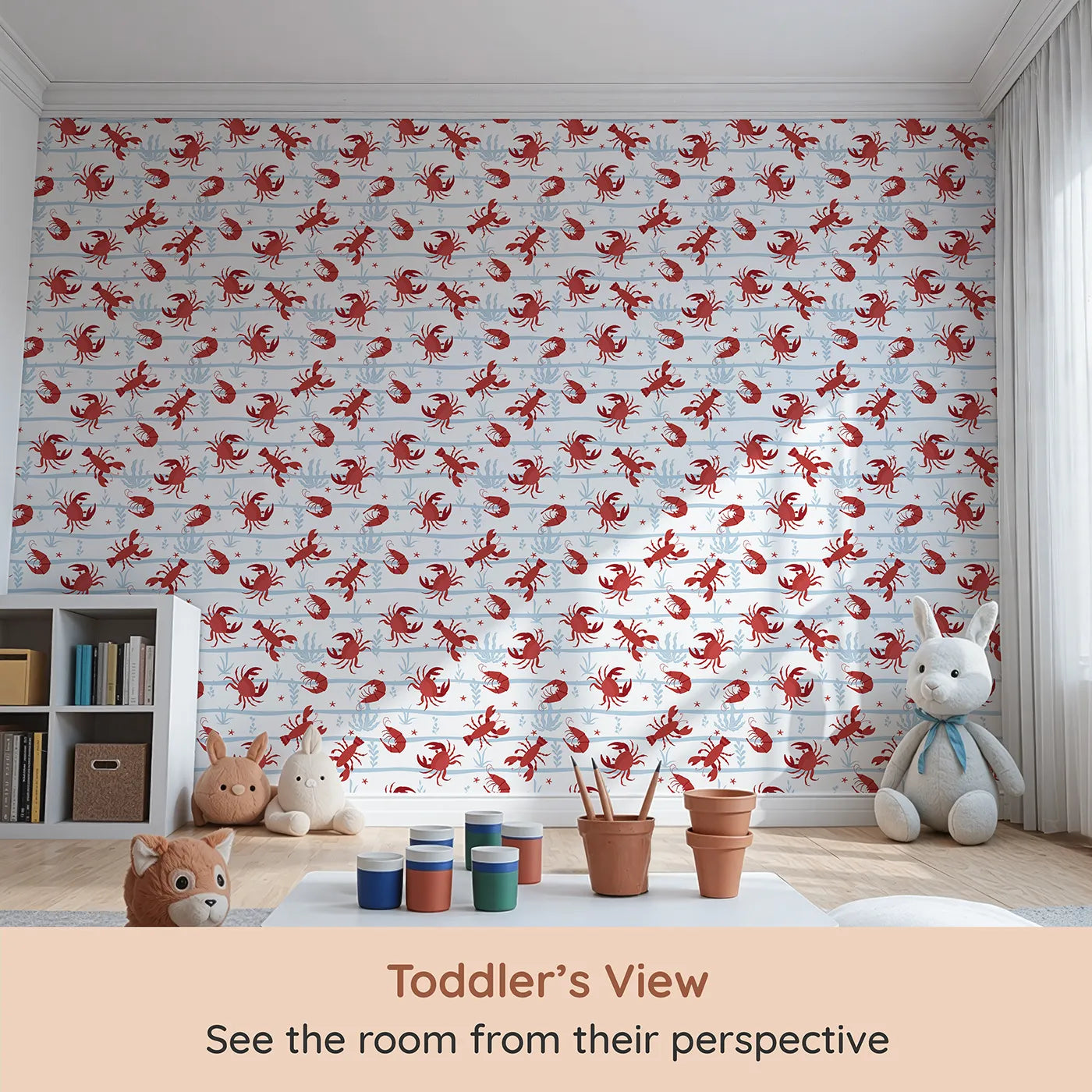 Whimsy Tots Red Crustacean Celebration Wallpaper (W2299) from your child's view.Where happy crabs and lobsters are ready for a beach party.