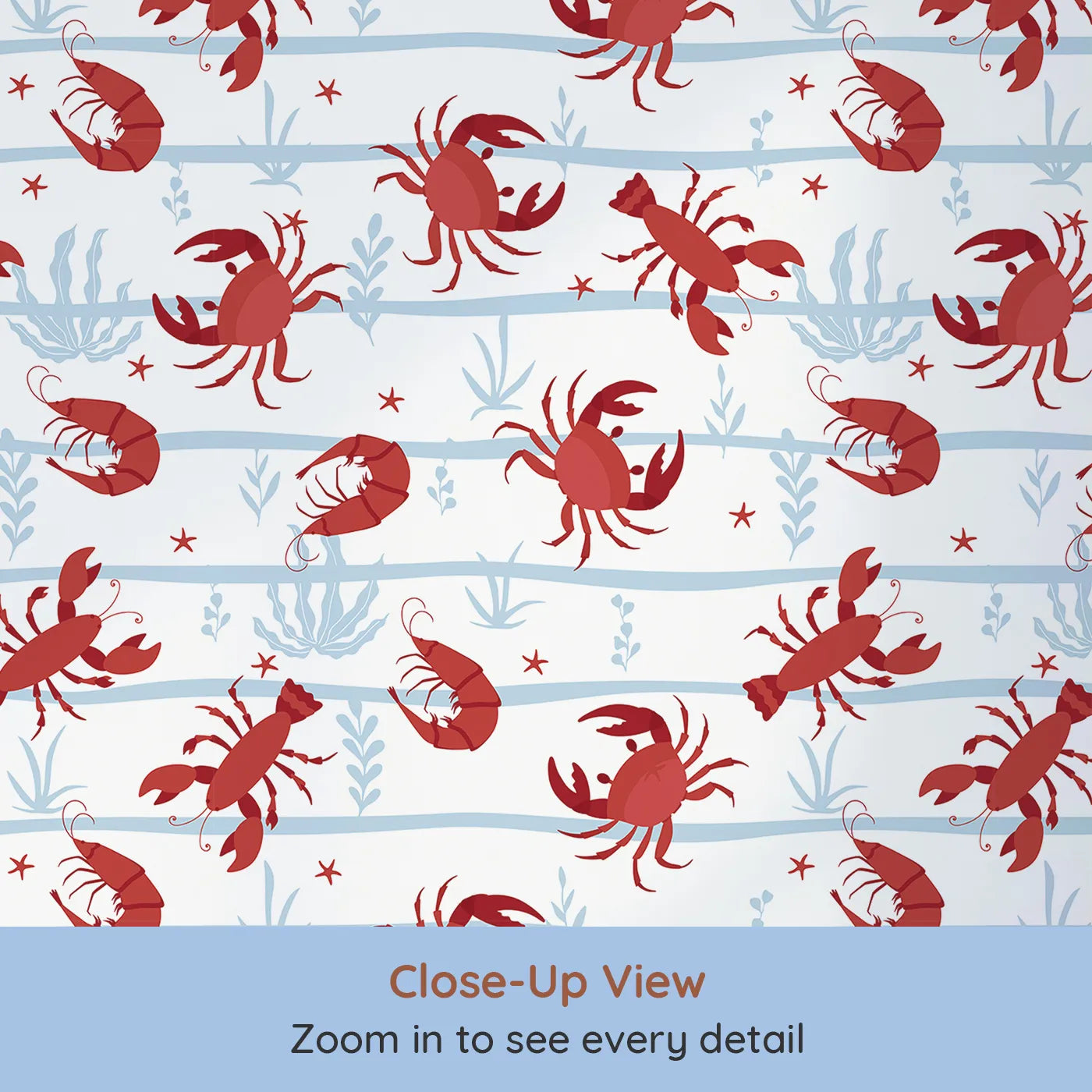 Close-up view of Whimsy Tots' Red Crustacean Celebration Wallpaper (W2299).Where happy crabs and lobsters are ready for a beach party.