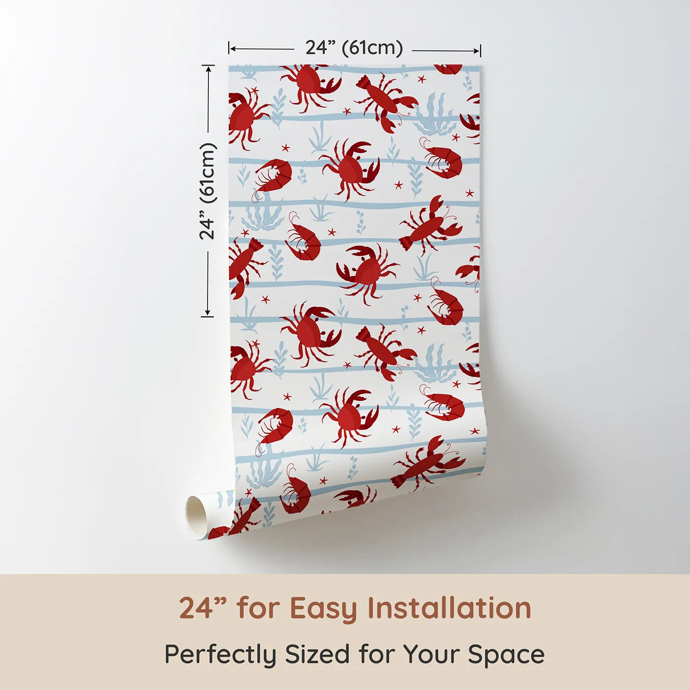 Dimension view of Whimsy Tots Red Crustacean Celebration Wallpaper (W2299). Printed in 24-inch-wide panel for easy installation. Where happy crabs and lobsters are ready for a beach party.