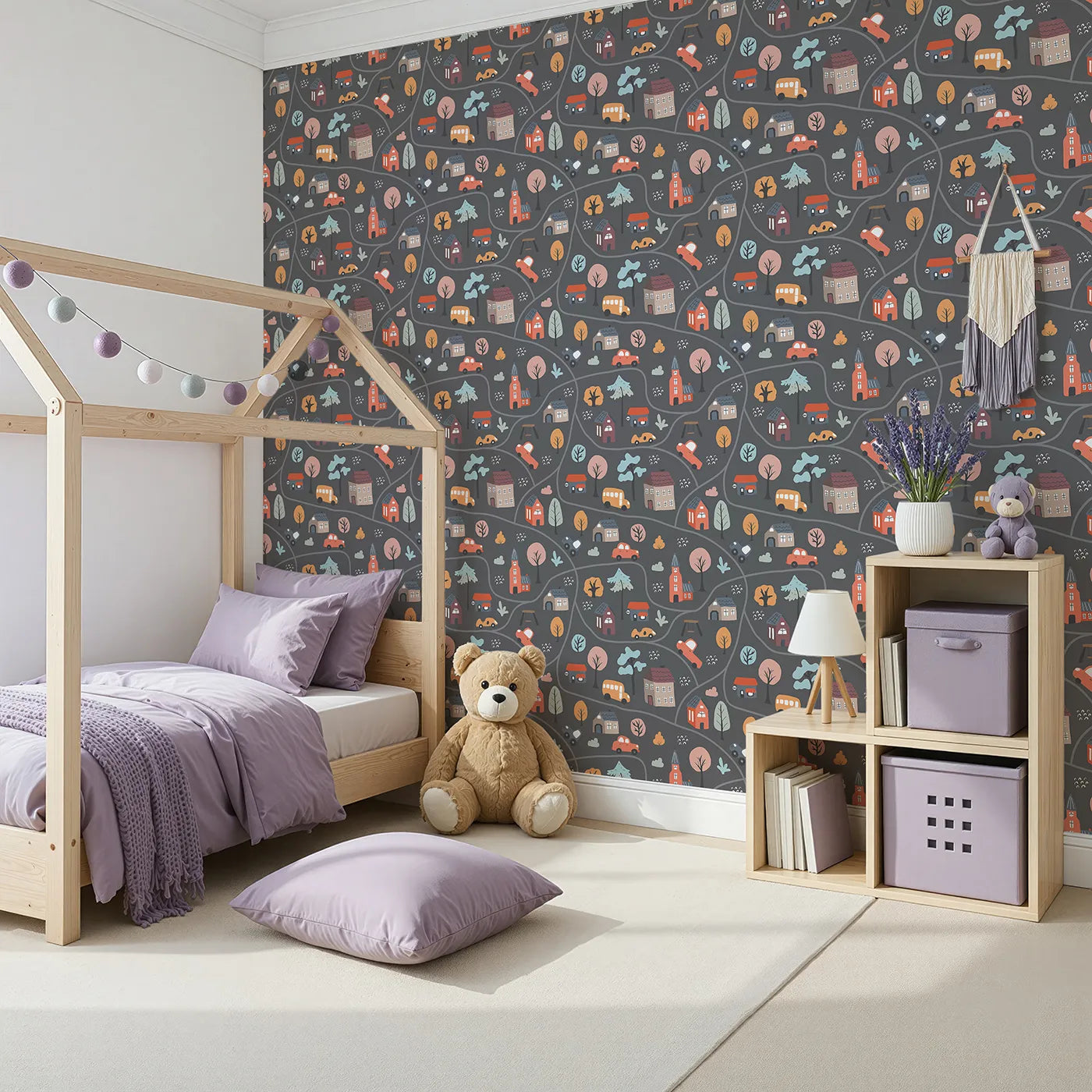 Angled view of Whimsy Tots' Cozy Town Map Wallpaper in Gray (W2300).Where winding roads connect a village of sweet, storybook houses.