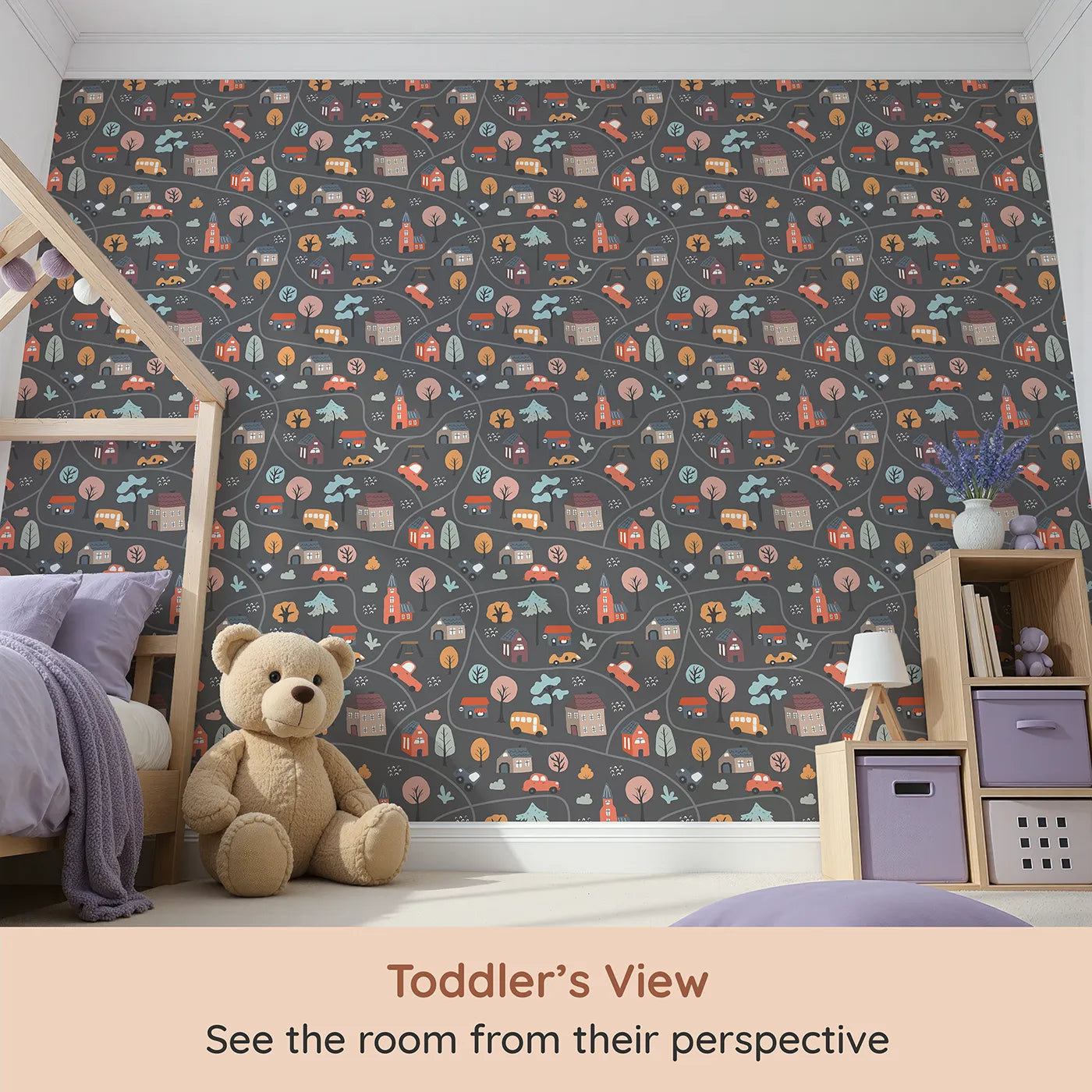 Whimsy Tots Cozy Town Map Wallpaper in Gray (W2300) from your child's view.Where winding roads connect a village of sweet, storybook houses.