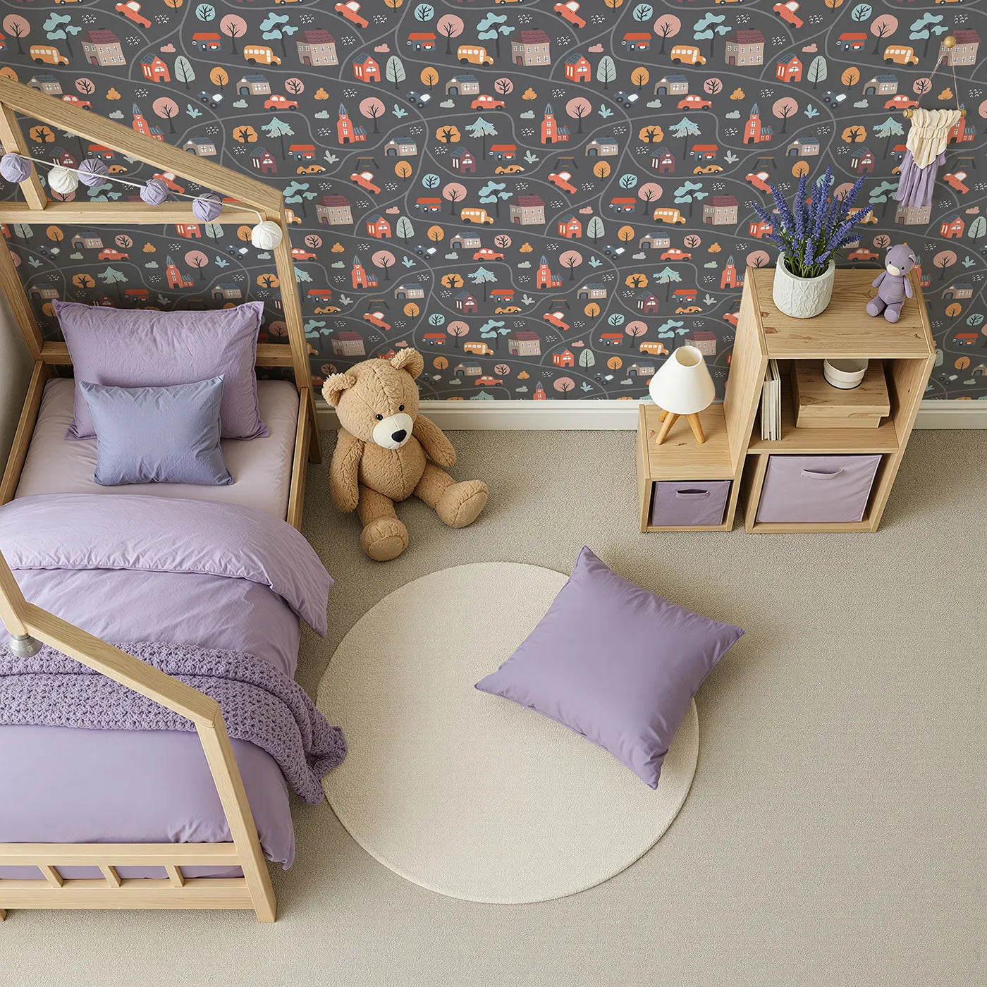 Top-Down view of Whimsy Tots' Cozy Town Map Wallpaper in Gray (W2300).Where winding roads connect a village of sweet, storybook houses.