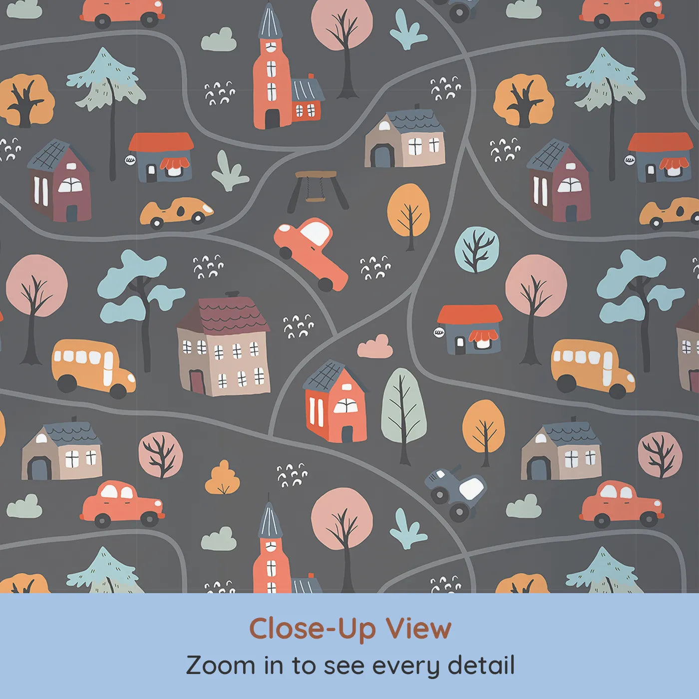 Close-up view of Whimsy Tots' Cozy Town Map Wallpaper in Gray (W2300).Where winding roads connect a village of sweet, storybook houses.