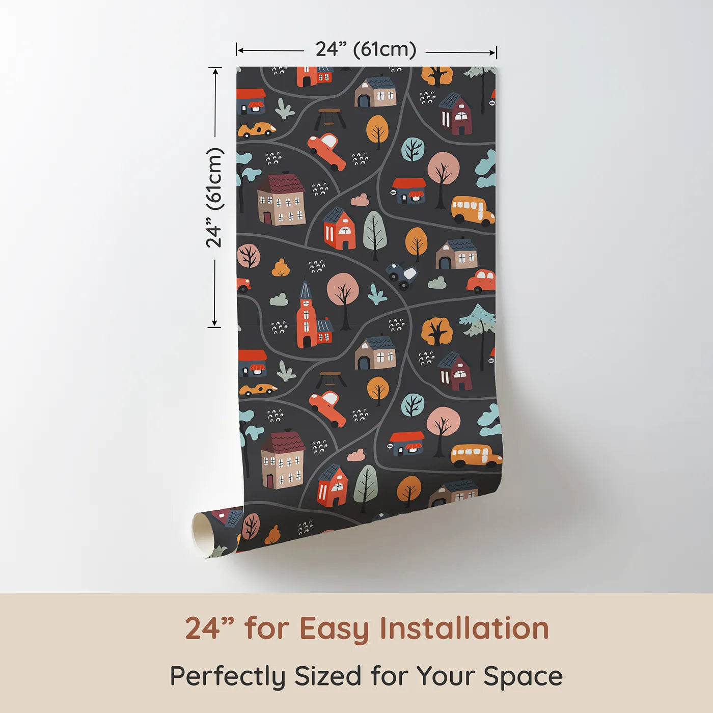 Dimension view of Whimsy Tots Cozy Town Map Wallpaper in Gray (W2300). Printed in 24-inch-wide panel for easy installation. Where winding roads connect a village of sweet, storybook houses.