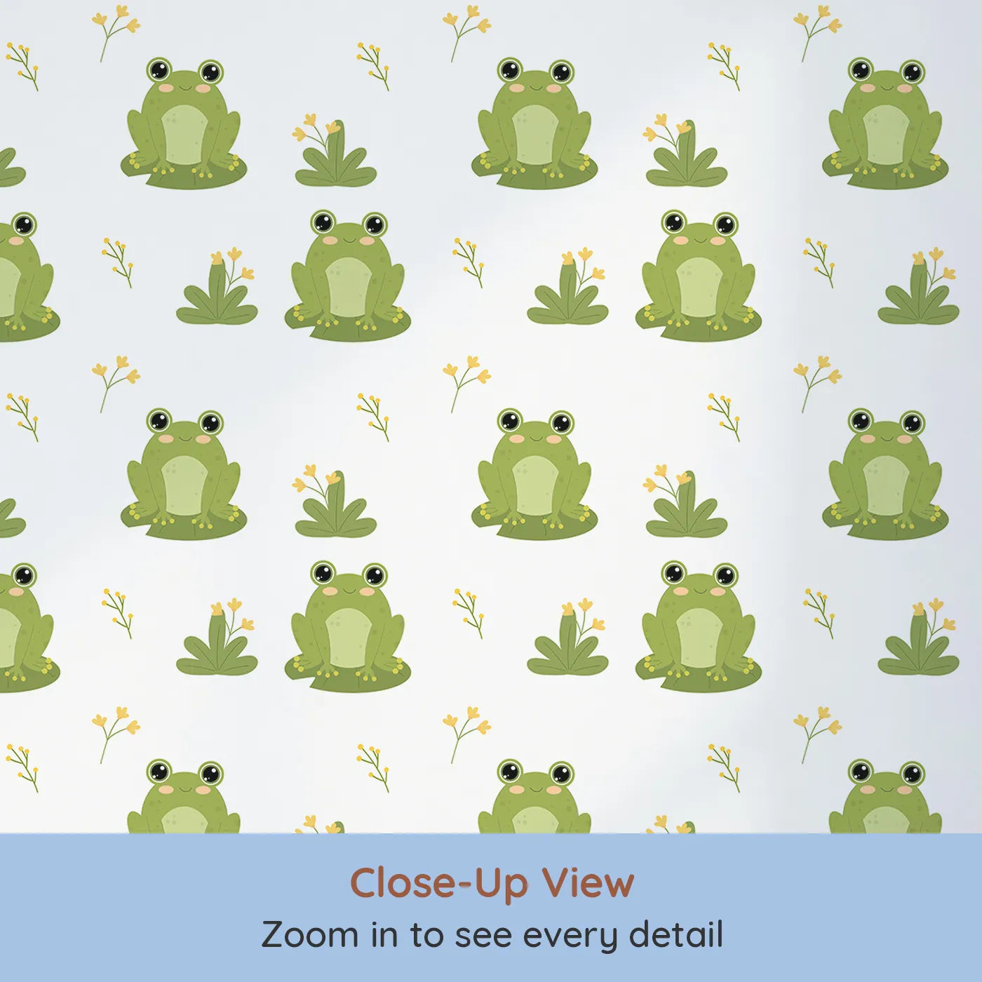 Close-up view of Whimsy Tots' Happy Frog Pond Wallpaper (W2301).Where the happiest little frogs are waiting to say hello.
