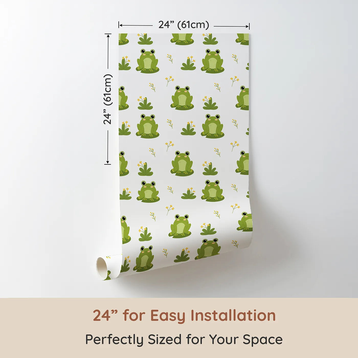 Dimension view of Whimsy Tots Happy Frog Pond Wallpaper (W2301). Printed in 24-inch-wide panel for easy installation. Where the happiest little frogs are waiting to say hello.
