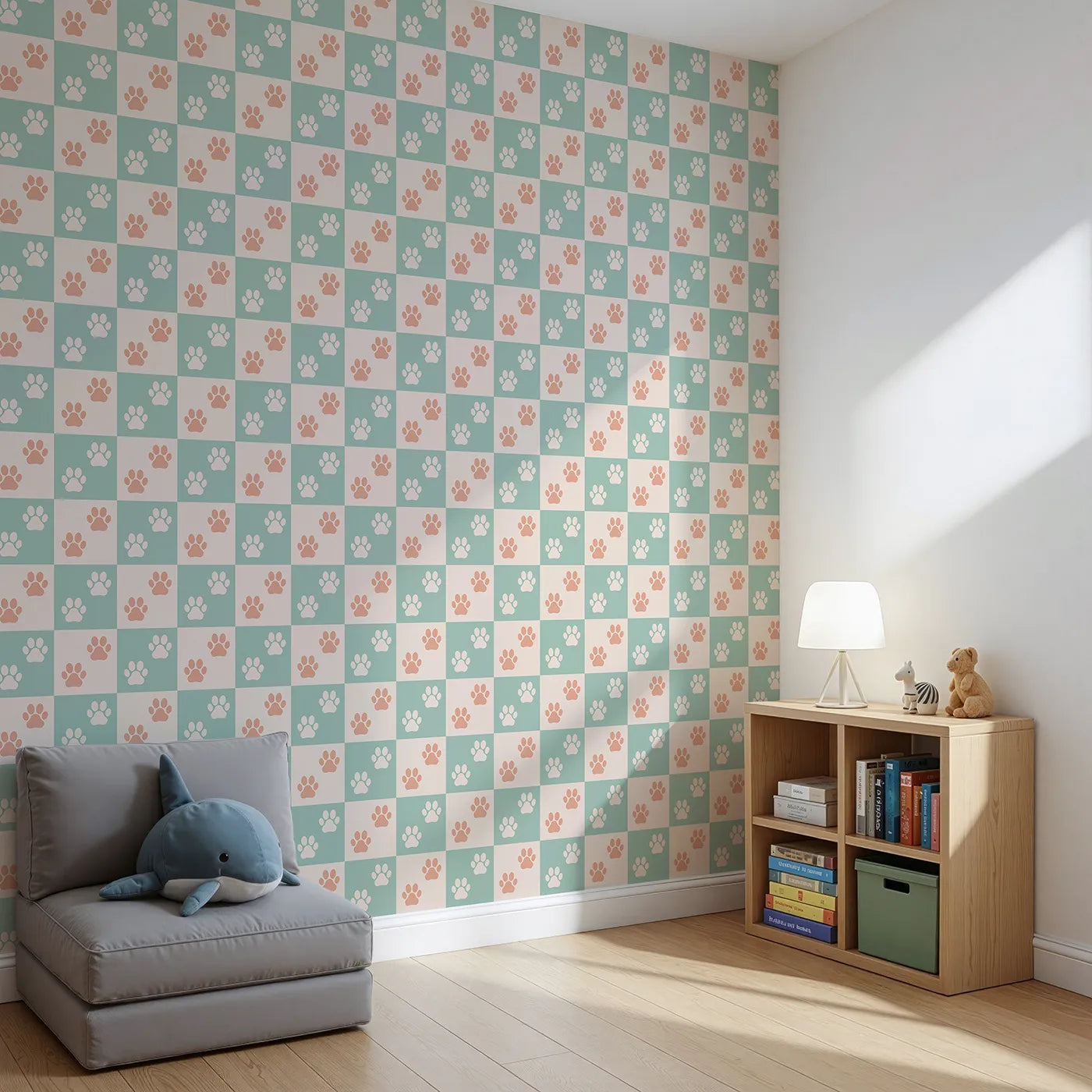 Angled view of Whimsy Tots' Checkerboard Paw Prints Wallpaper (W2302).Where a checkerboard of color is covered in happy paw prints.