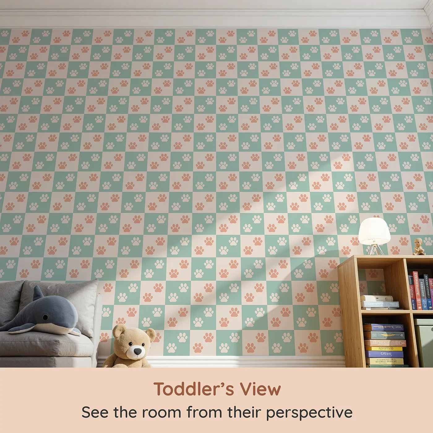 Whimsy Tots Checkerboard Paw Prints Wallpaper (W2302) from your child's view.Where a checkerboard of color is covered in happy paw prints.