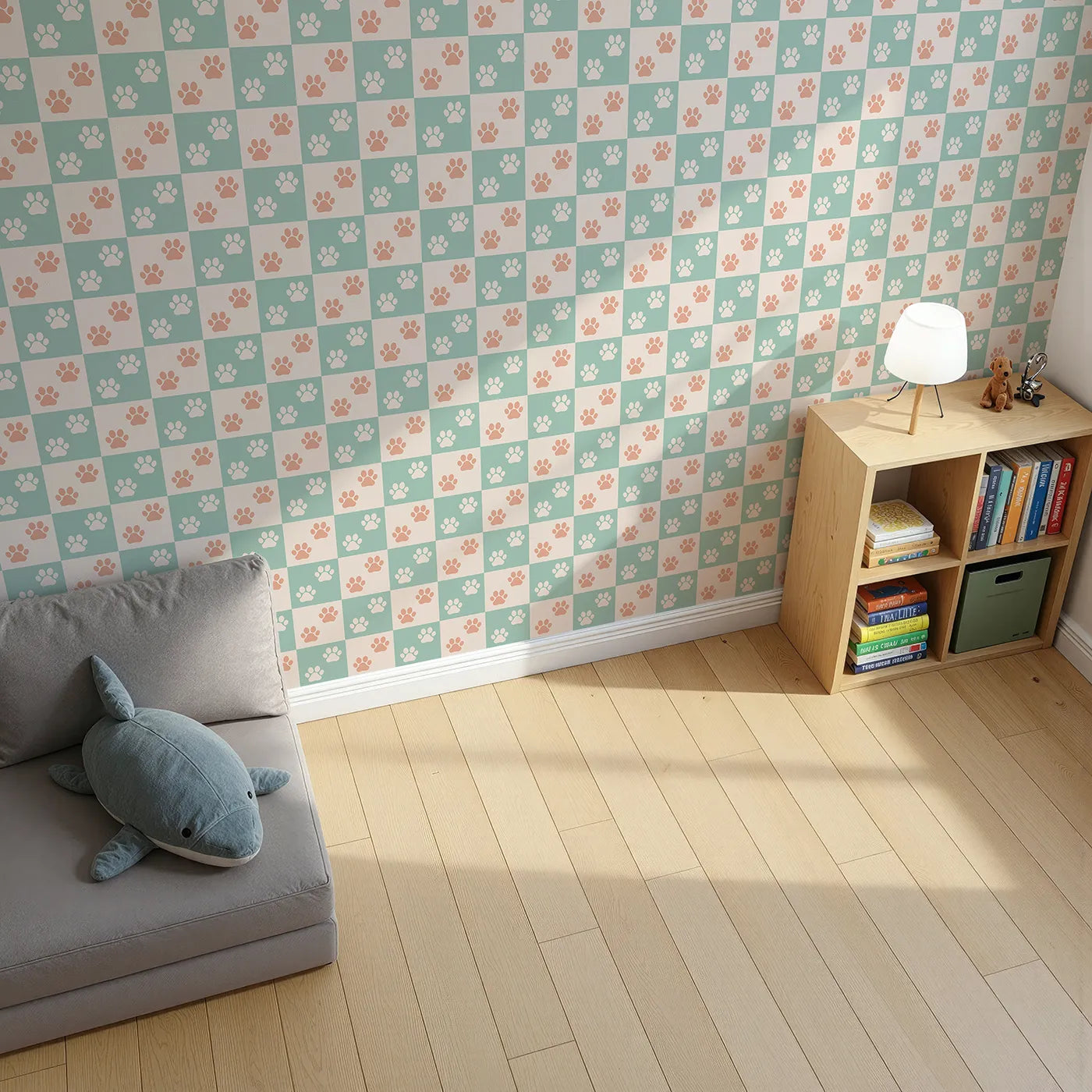 Top-Down view of Whimsy Tots' Checkerboard Paw Prints Wallpaper (W2302).Where a checkerboard of color is covered in happy paw prints.
