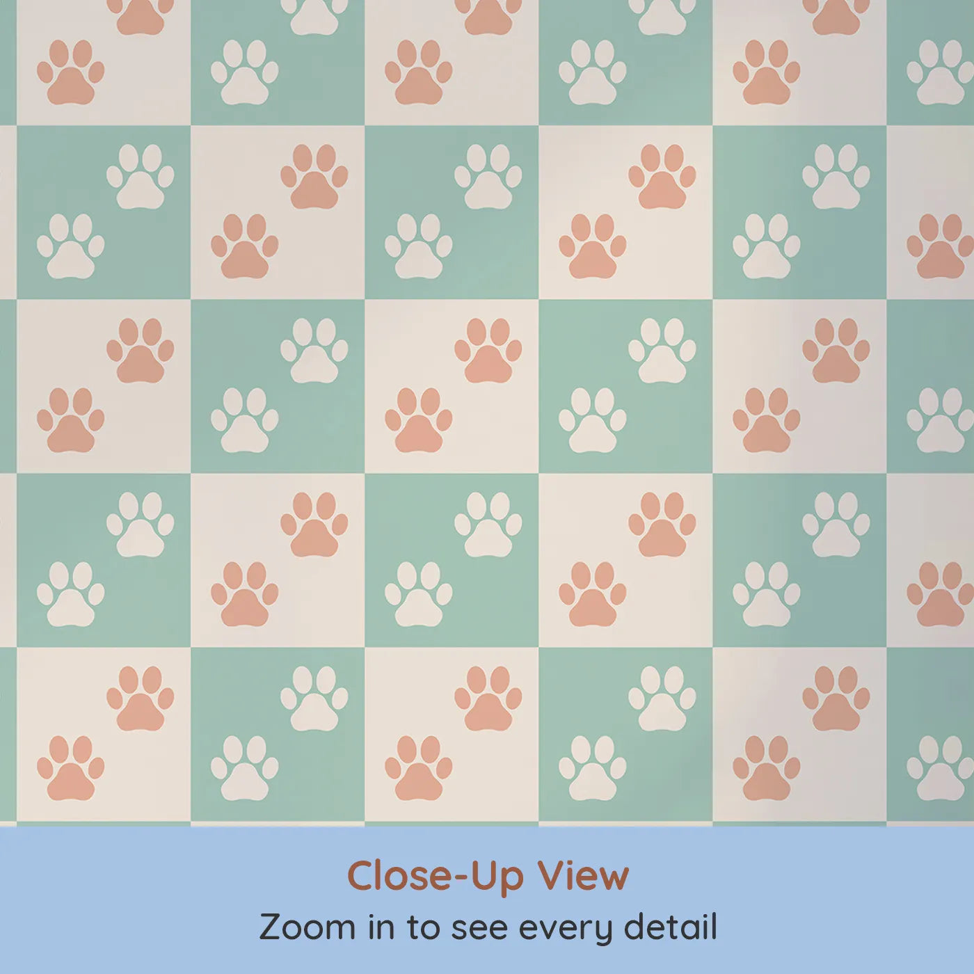 Close-up view of Whimsy Tots' Checkerboard Paw Prints Wallpaper (W2302).Where a checkerboard of color is covered in happy paw prints.