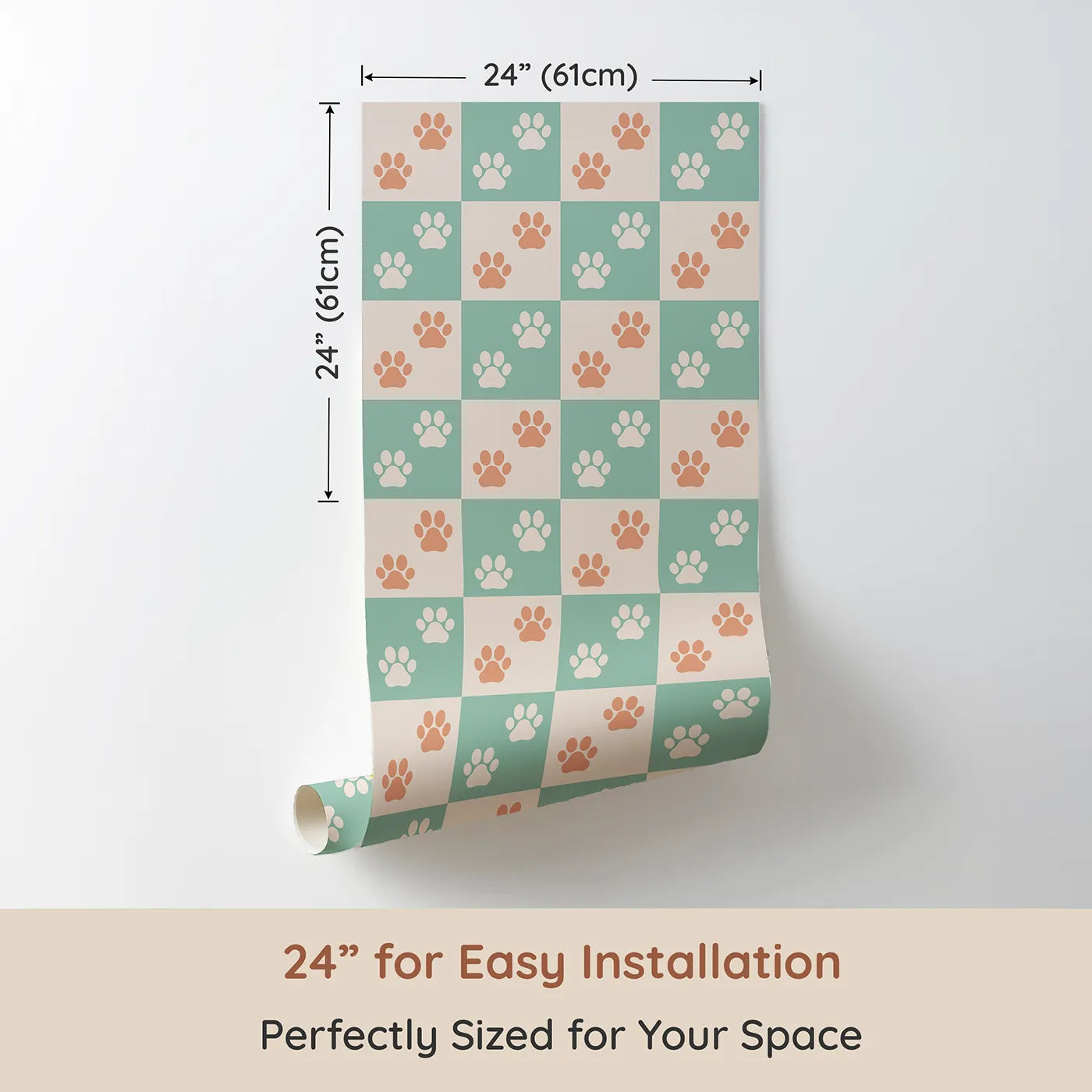 Dimension view of Whimsy Tots Checkerboard Paw Prints Wallpaper (W2302). Printed in 24-inch-wide panel for easy installation. Where a checkerboard of color is covered in happy paw prints.