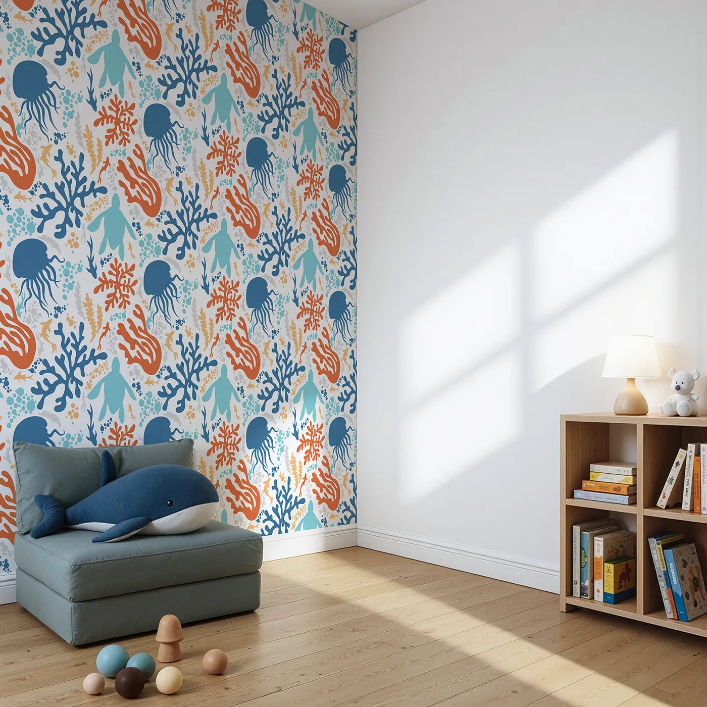 Angled view of Whimsy Tots' Abstract Coral Reef Silhouettes Wallpaper (W2303).Where a colorful reef is teeming with life and energy.