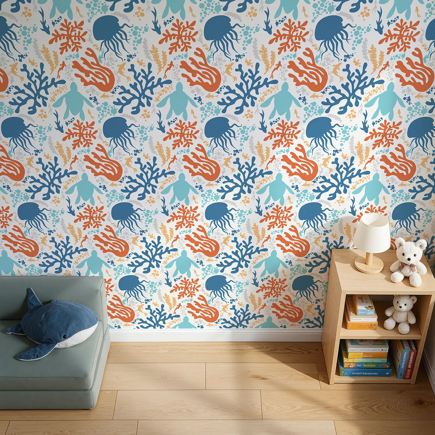 Top-Down view of Whimsy Tots' Abstract Coral Reef Silhouettes Wallpaper (W2303).Where a colorful reef is teeming with life and energy.