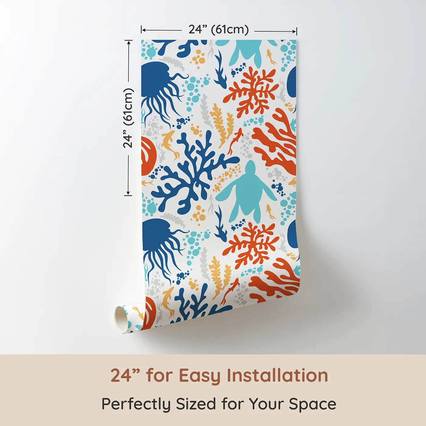 Dimension view of Whimsy Tots Abstract Coral Reef Silhouettes Wallpaper (W2303). Printed in 24-inch-wide panel for easy installation. Where a colorful reef is teeming with life and energy.