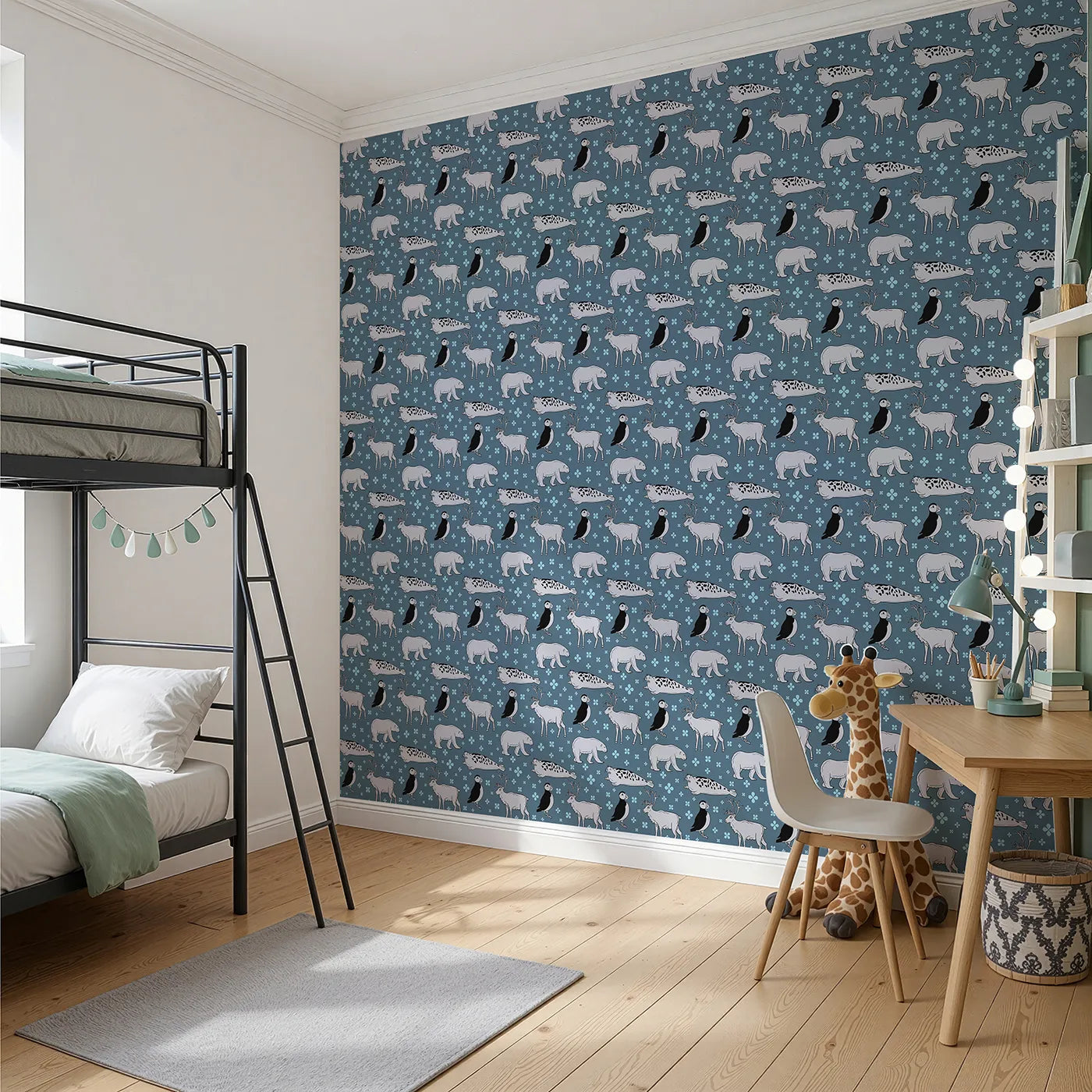 Angled view of Whimsy Tots' Arctic Animal Friends Wallpaper (W2304).Where a parade of arctic animals roams a floral sea.