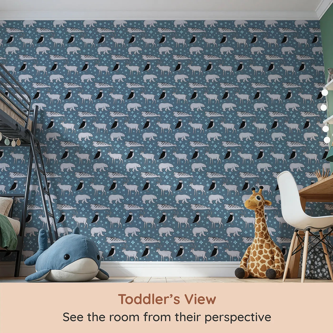 Whimsy Tots Arctic Animal Friends Wallpaper (W2304) from your child's view.Where a parade of arctic animals roams a floral sea.
