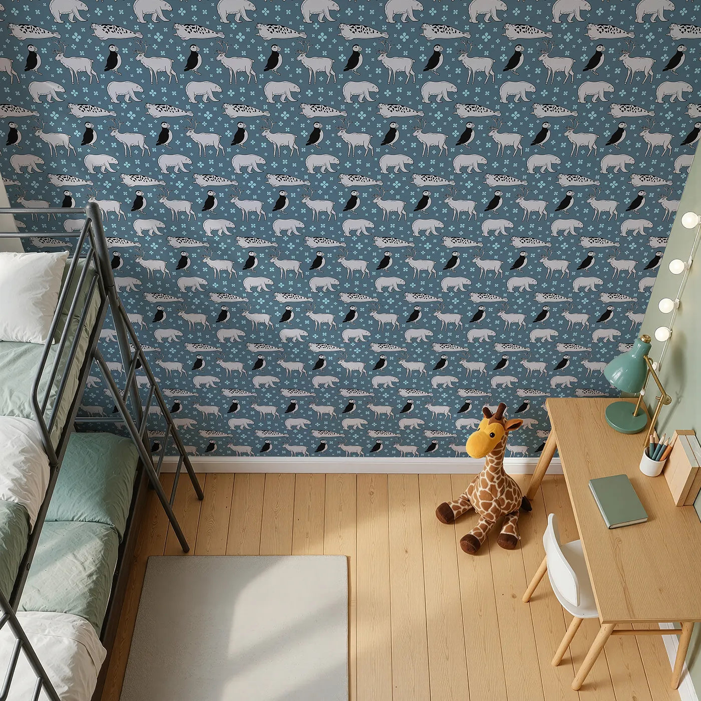 Top-Down view of Whimsy Tots' Arctic Animal Friends Wallpaper (W2304).Where a parade of arctic animals roams a floral sea.