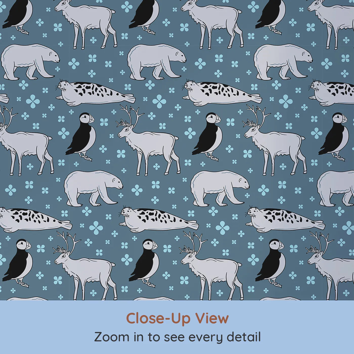 Close-up view of Whimsy Tots' Arctic Animal Friends Wallpaper (W2304).Where a parade of arctic animals roams a floral sea.