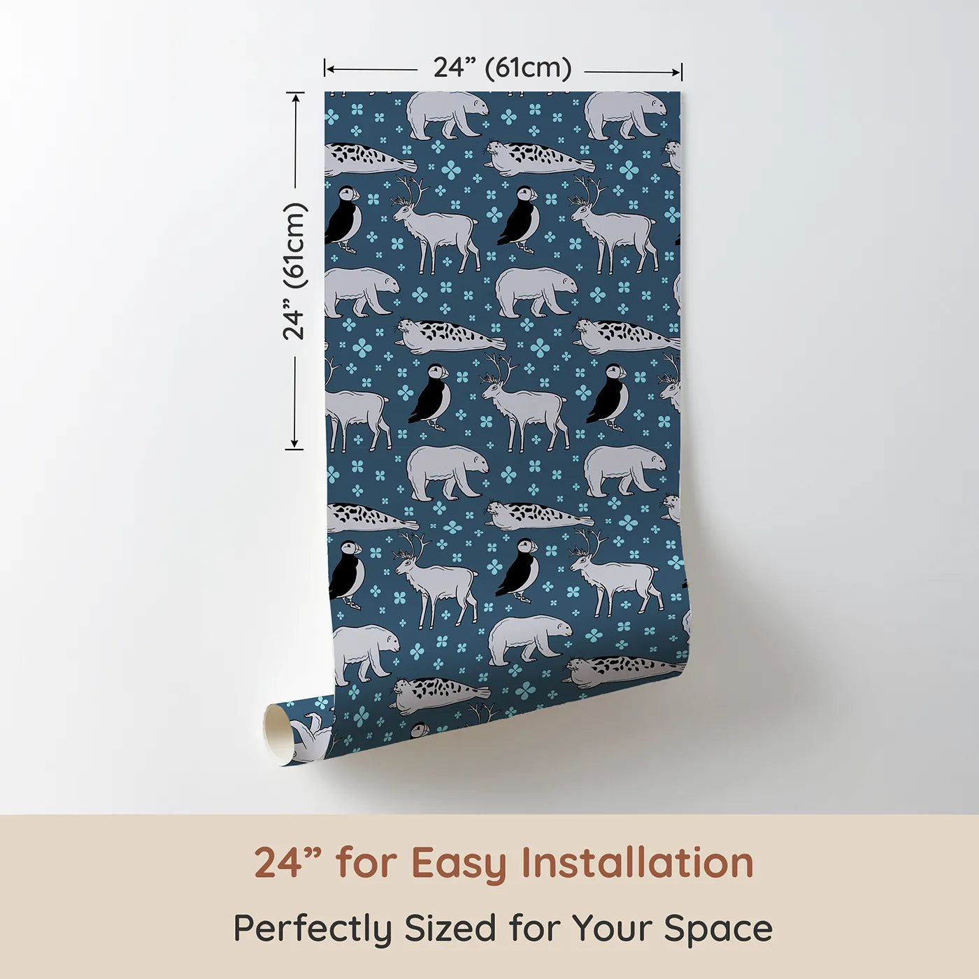 Dimension view of Whimsy Tots Arctic Animal Friends Wallpaper (W2304). Printed in 24-inch-wide panel for easy installation. Where a parade of arctic animals roams a floral sea.