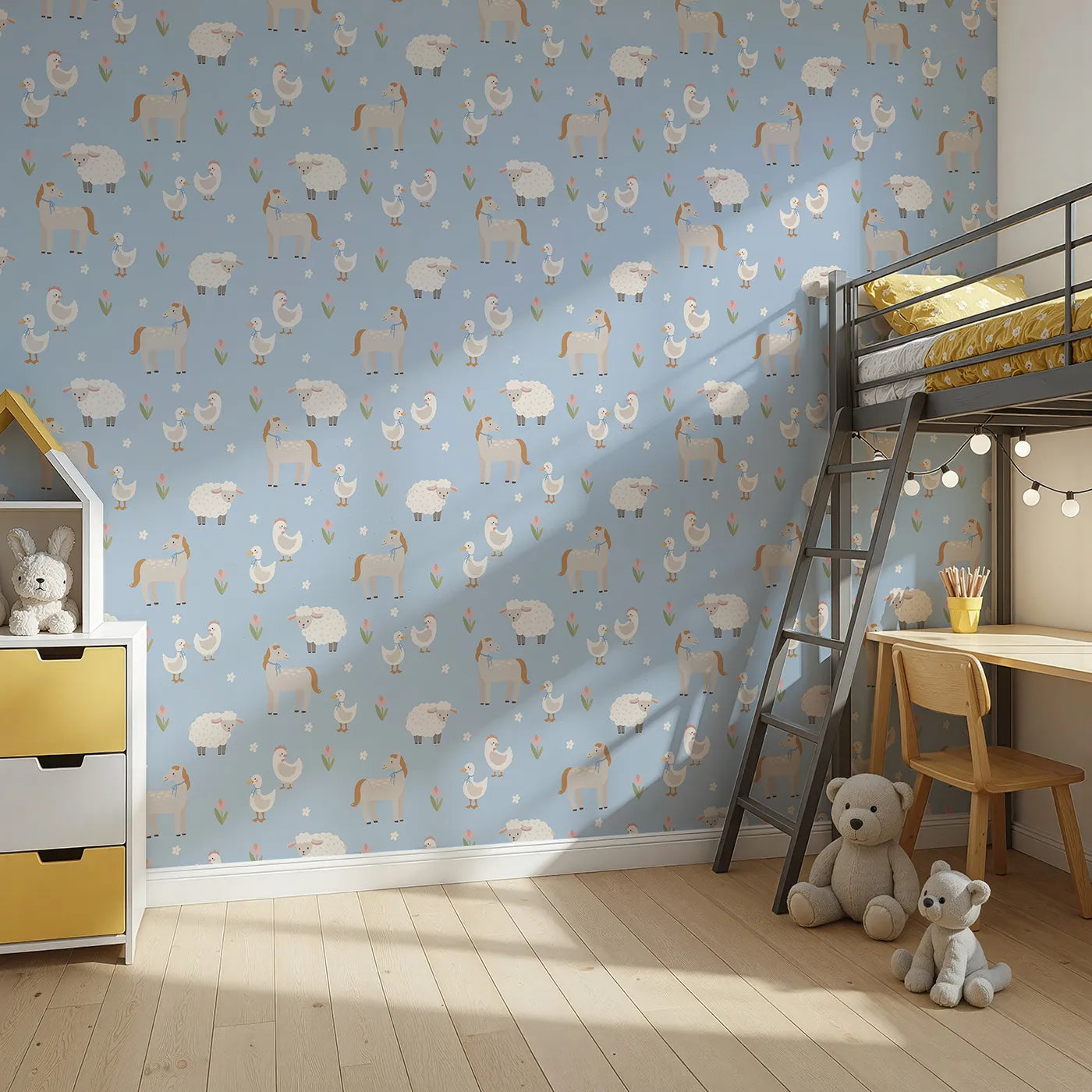 Angled view of Whimsy Tots' Gentle Farm Friends Wallpaper in Blue (W2305).Where gentle farm animals graze in a field of soft flowers.
