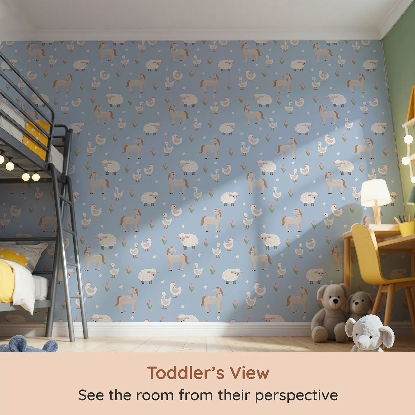 Whimsy Tots Gentle Farm Friends Wallpaper in Blue (W2305) from your child's view.Where gentle farm animals graze in a field of soft flowers.