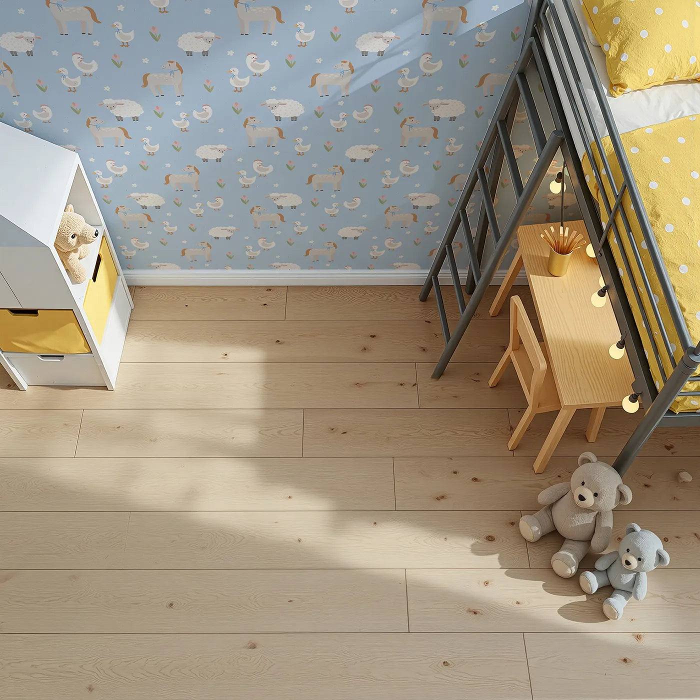 Top-Down view of Whimsy Tots' Gentle Farm Friends Wallpaper in Blue (W2305).Where gentle farm animals graze in a field of soft flowers.