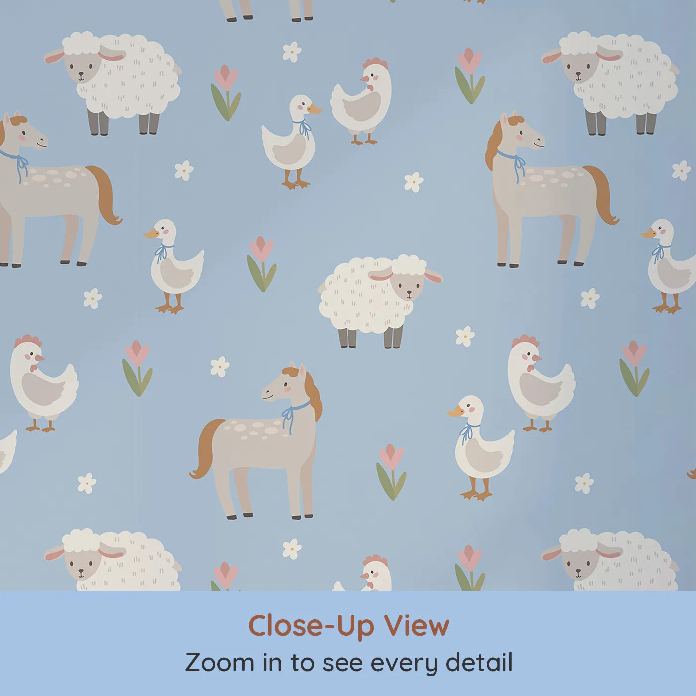 Close-up view of Whimsy Tots' Gentle Farm Friends Wallpaper in Blue (W2305).Where gentle farm animals graze in a field of soft flowers.