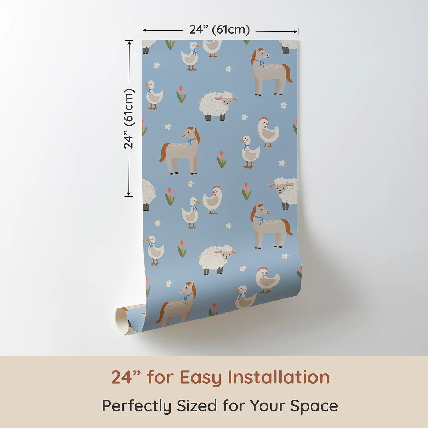 Dimension view of Whimsy Tots Gentle Farm Friends Wallpaper in Blue (W2305). Printed in 24-inch-wide panel for easy installation. Where gentle farm animals graze in a field of soft flowers.